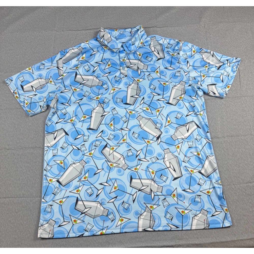 Loudmouth Golf Martini Cocktail Shaker Polo Shirt Blue Mens XL Short Sleeve